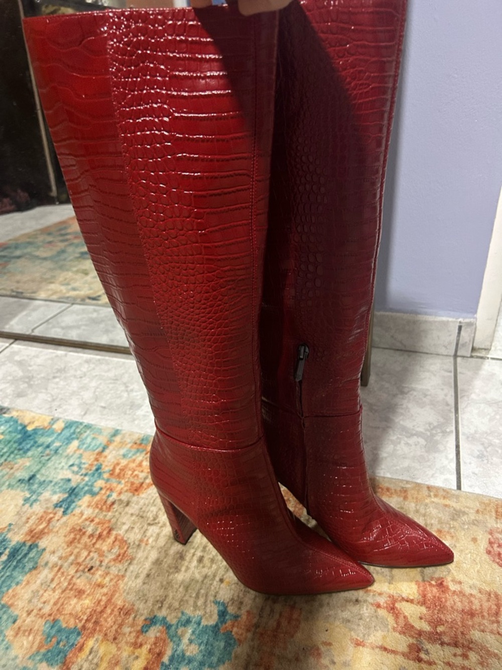 Sam Edelman Red Croc-Embossed Over-the-Knee Heeled Boots